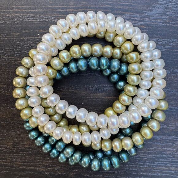Honora Pearl Stretch Bracelets Set Of 6 Blue Green White Cool Tones Vintage - Picture 4 of 10
